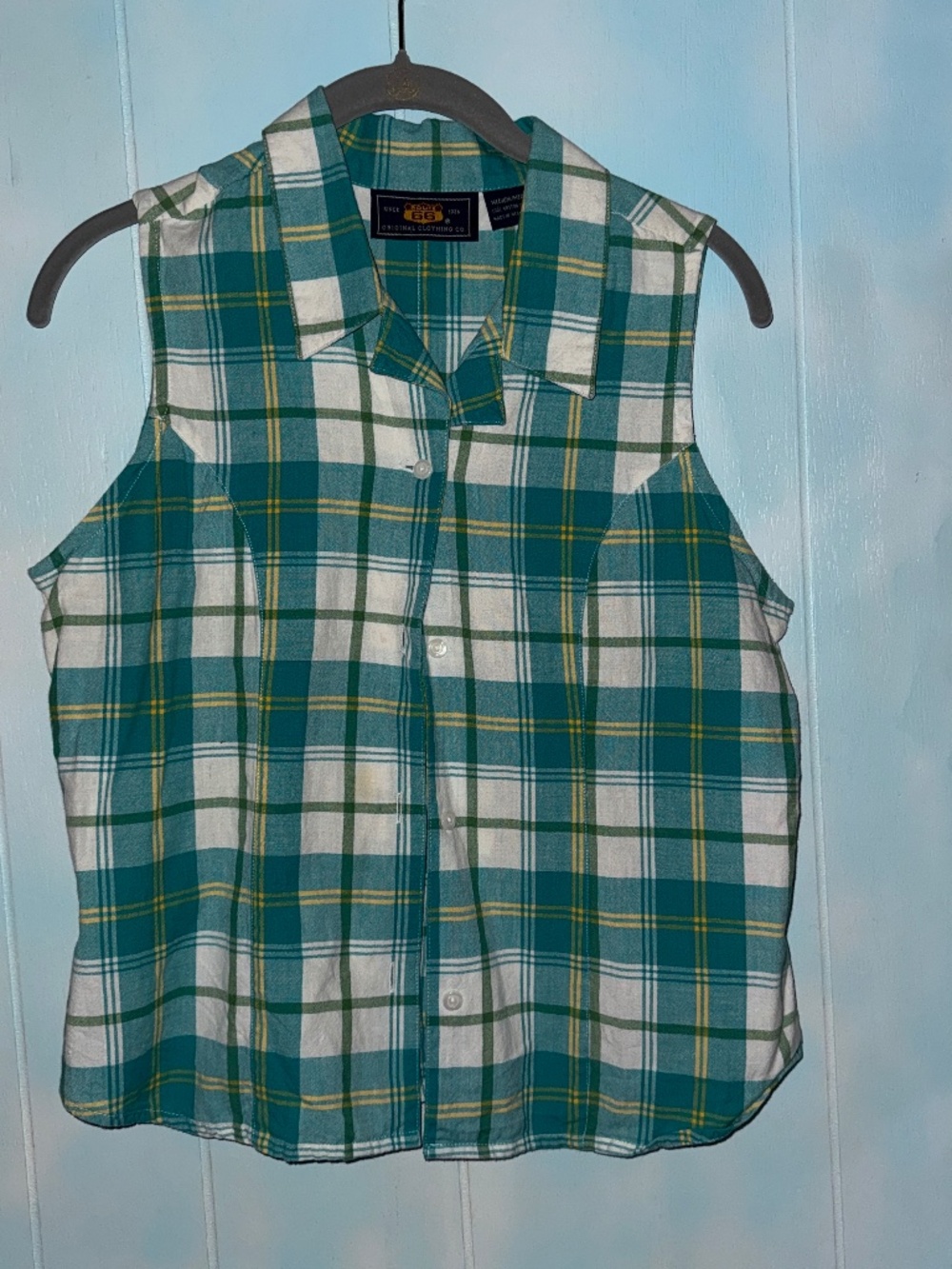 Route 66 Sleeveless teal & yellow plaid collared 100% cotton blouse Medium